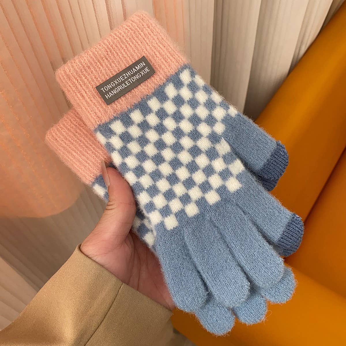 Checkered Touchscreen Gloves, Pink Purple Blue