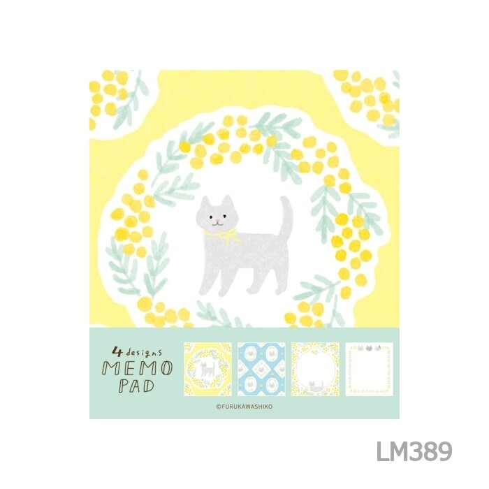 Cat in Flowers Memo Pad, 4 Patterns, Imported Japan