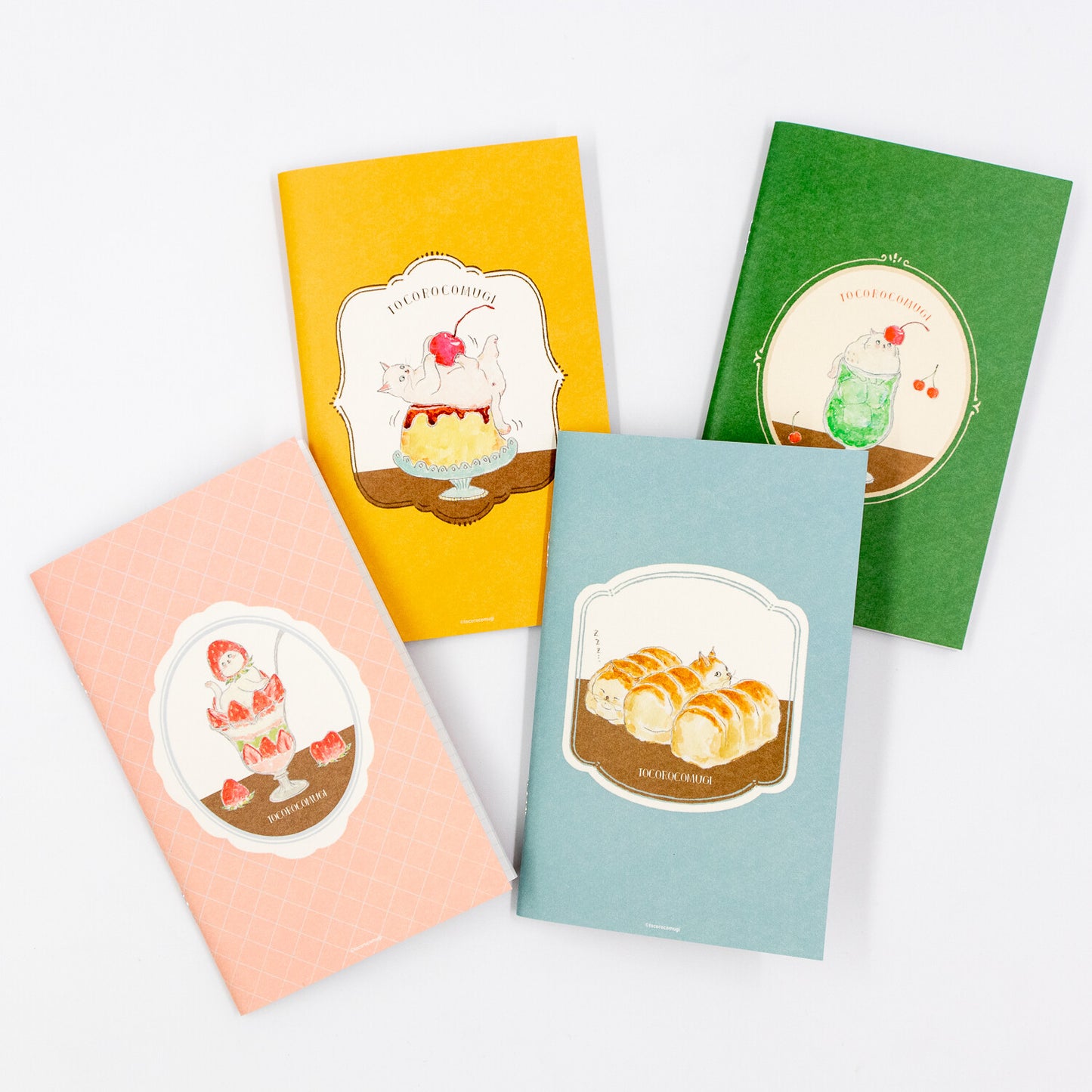 Cherry Flan Cat, Grid Saddle-Stitched Pocket Notebook, Imported Japan