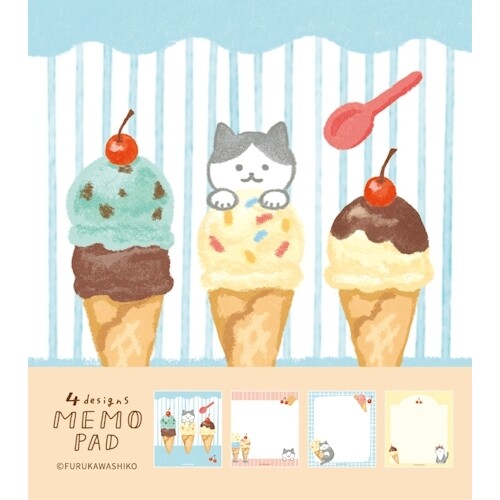 Ice Cream & Cat Memo Pad, 4 Patterns, Imported Japan