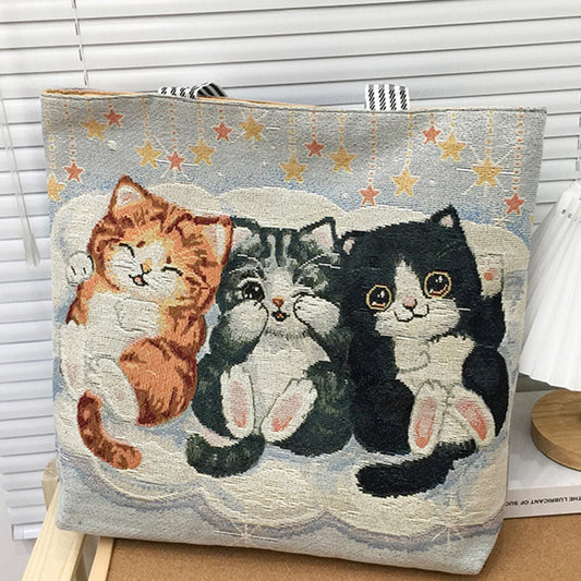 Cute Cat Trio Tapestry Tote Bag with Zipper Closure