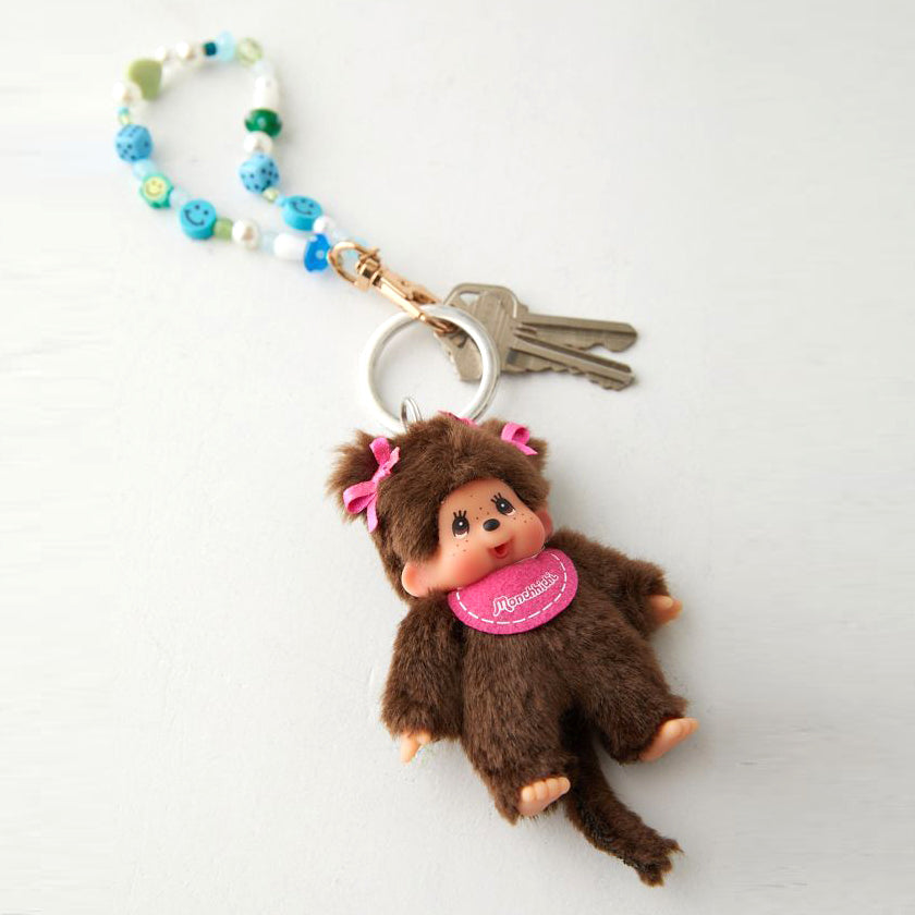 Monchhichi• Pink Girlie Bib with Hair Buns Plush Doll Keychain