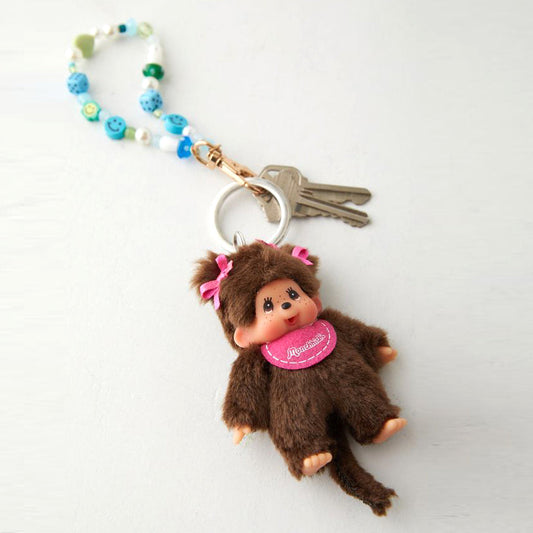 Monchhichi• Pink Girlie Bib with Hair Buns Plush Doll Keychain